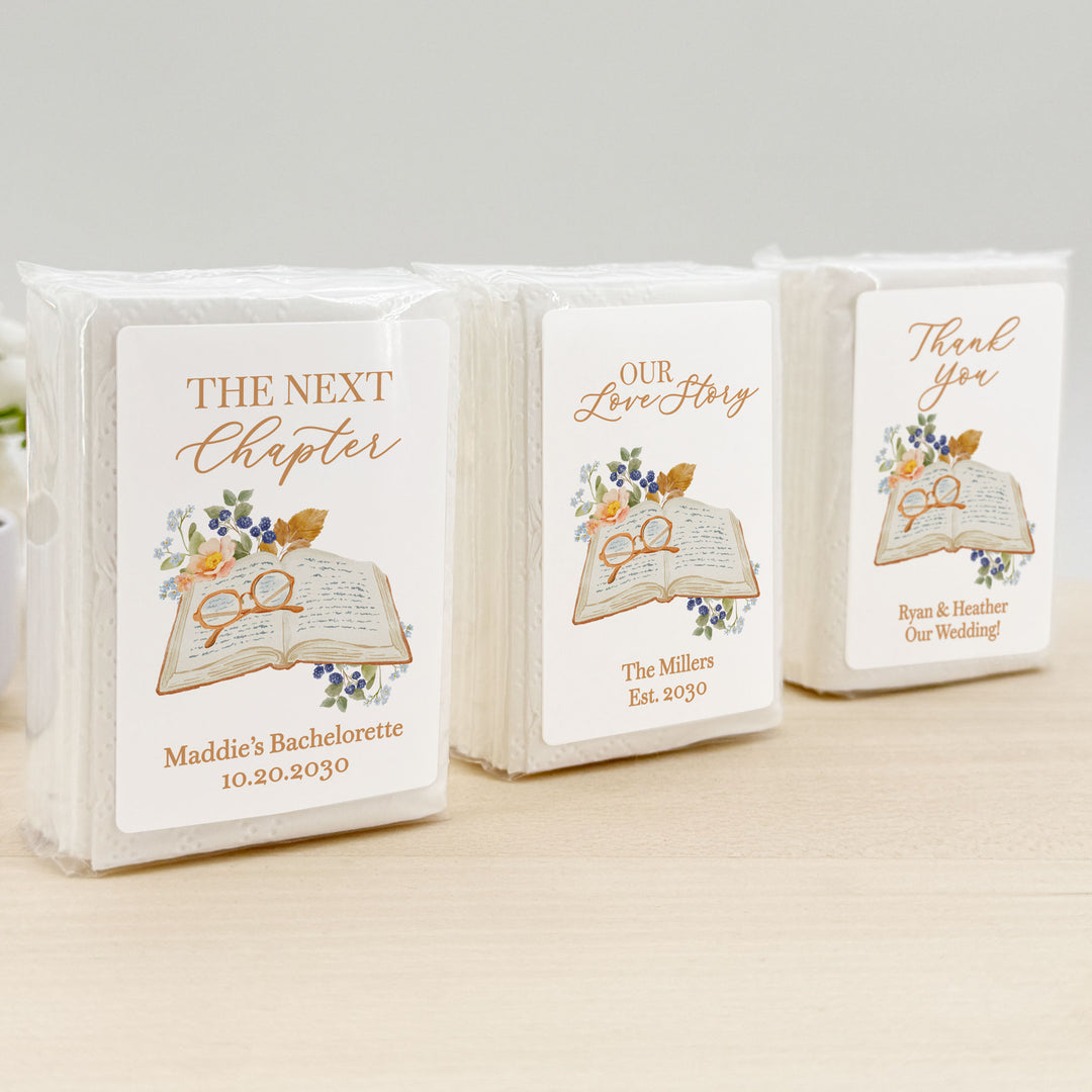 The Next Chapter Bridal Shower Tissues, Book Themed Bridal Shower Favors, Personalized Pocket Size Packs