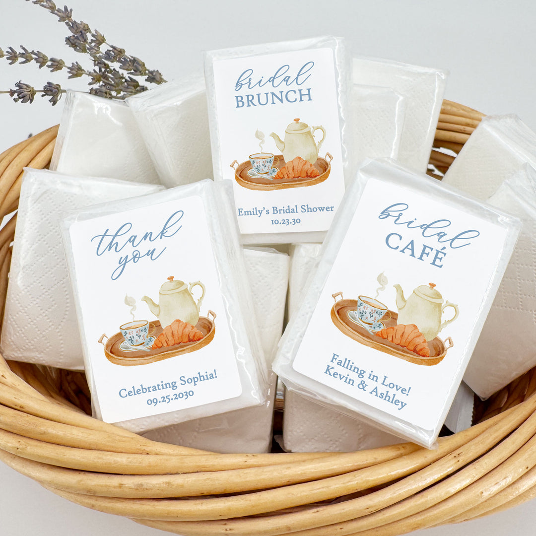 Love is Brewing Bridal Shower Tissues, Bridal Shower Tea Tray, Personalized Pocket Size Packs