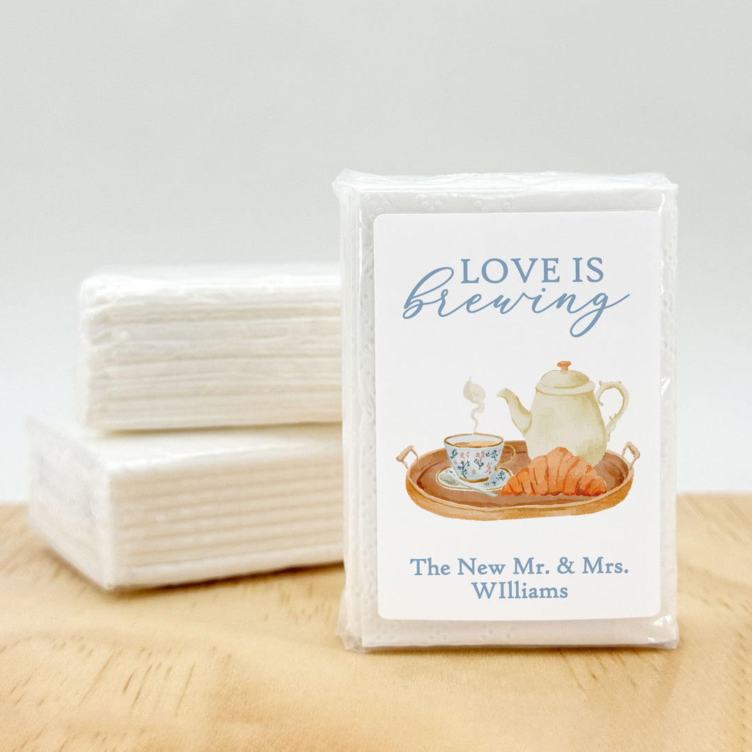 Love is Brewing Bridal Shower Tissues, Bridal Shower Tea Tray, Personalized Pocket Size Packs