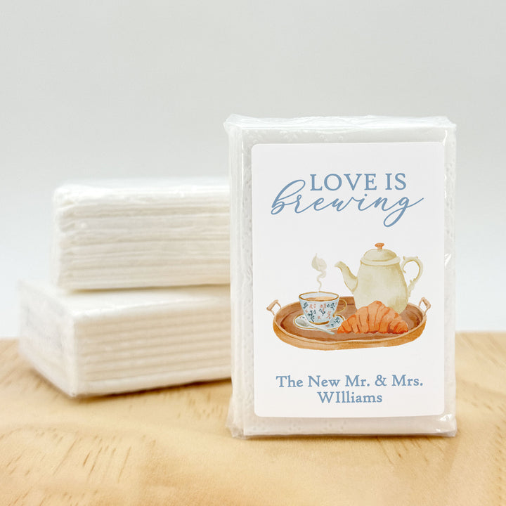 Love is Brewing Bridal Shower Tissues, Bridal Shower Tea Tray, Personalized Pocket Size Packs