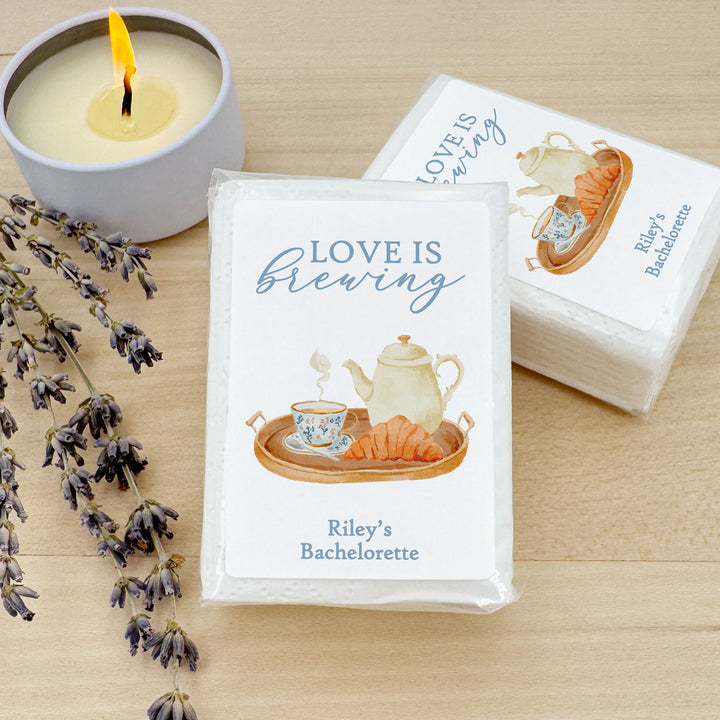 Love is Brewing Bridal Shower Tissues, Bridal Shower Tea Tray, Personalized Pocket Size Packs