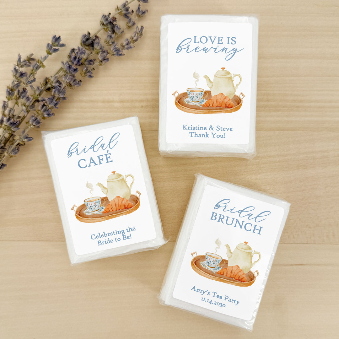 Love is Brewing Bridal Shower Tissues, Bridal Shower Tea Tray, Personalized Pocket Size Packs