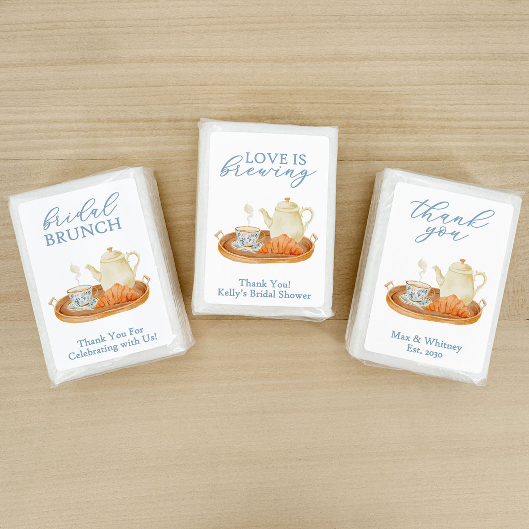 Love is Brewing Bridal Shower Tissues, Bridal Shower Tea Tray, Personalized Pocket Size Packs