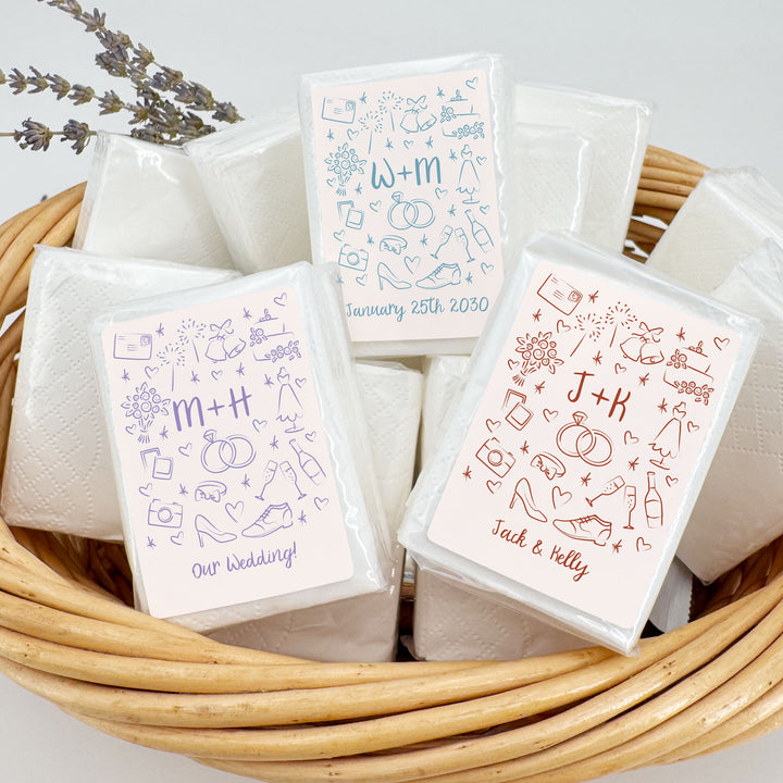Wedding Tissues For Your Happy Tears, No Ugly Crying, Personalized Pocket Size Packs, Wedding Doodle Pattern