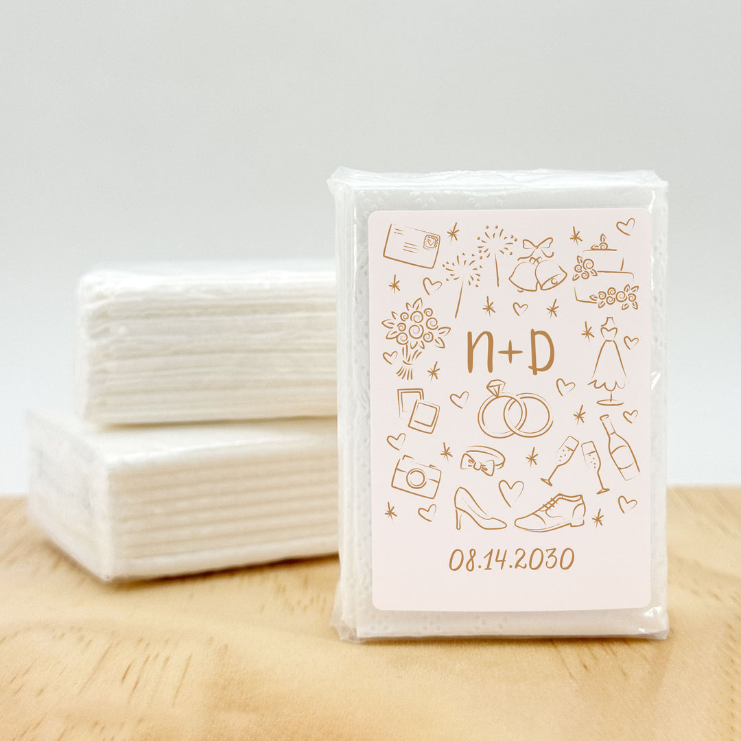 Wedding Tissues For Your Happy Tears, No Ugly Crying, Personalized Pocket Size Packs, Wedding Doodle Pattern