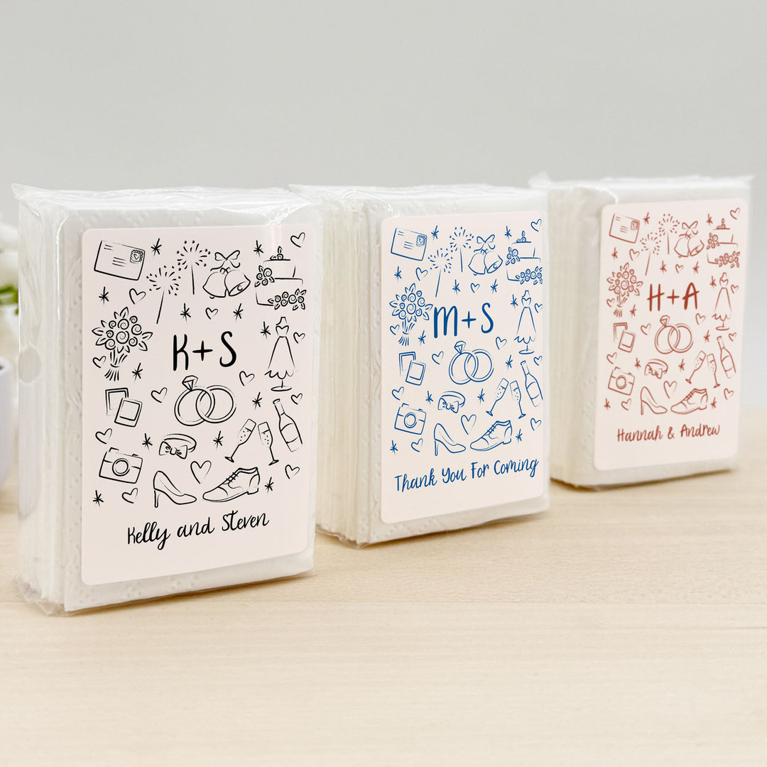 Wedding Tissues For Your Happy Tears, No Ugly Crying, Personalized Pocket Size Packs, Wedding Doodle Pattern