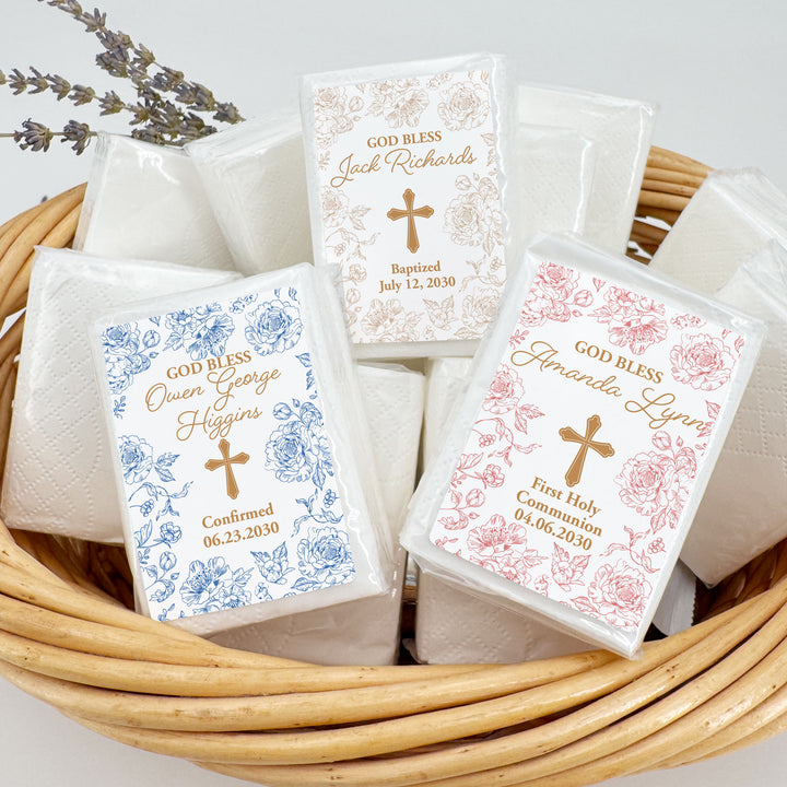 Baptism Tissue Favors, Personalized Pocket Size Packs, First Holy Communion, Confirmation, and Christening Favors