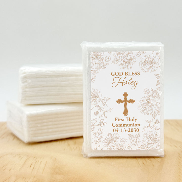 Baptism Tissue Favors, Personalized Pocket Size Packs, First Holy Communion, Confirmation, and Christening Favors
