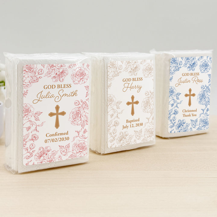 Baptism Tissue Favors, Personalized Pocket Size Packs, First Holy Communion, Confirmation, and Christening Favors
