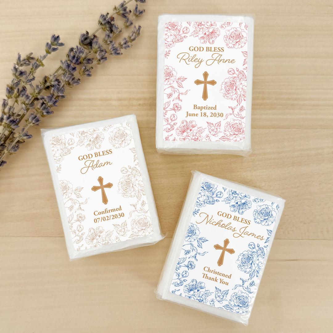 Baptism Tissue Favors, Personalized Pocket Size Packs, First Holy Communion, Confirmation, and Christening Favors