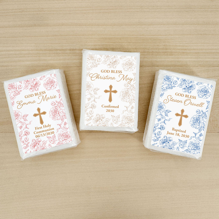 Baptism Tissue Favors, Personalized Pocket Size Packs, First Holy Communion, Confirmation, and Christening Favors
