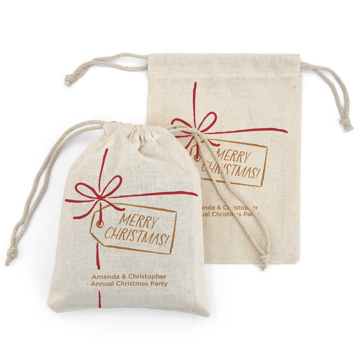 Custom Holiday Drawstring Bags, Christmas Party Favor Goodie Bags, Red Bow and Tag Christmas Bags