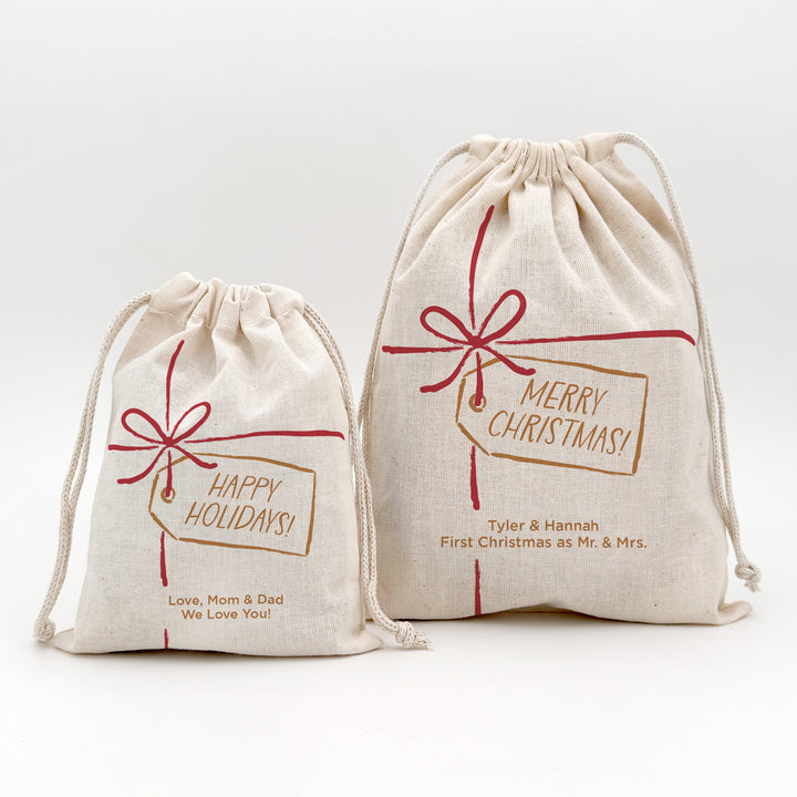 Custom Holiday Drawstring Bags, Christmas Party Favor Goodie Bags, Red Bow and Tag Christmas Bags