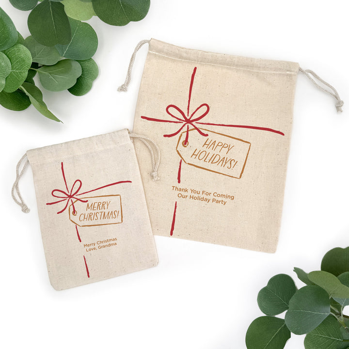 Custom Holiday Drawstring Bags, Christmas Party Favor Goodie Bags, Red Bow and Tag Christmas Bags