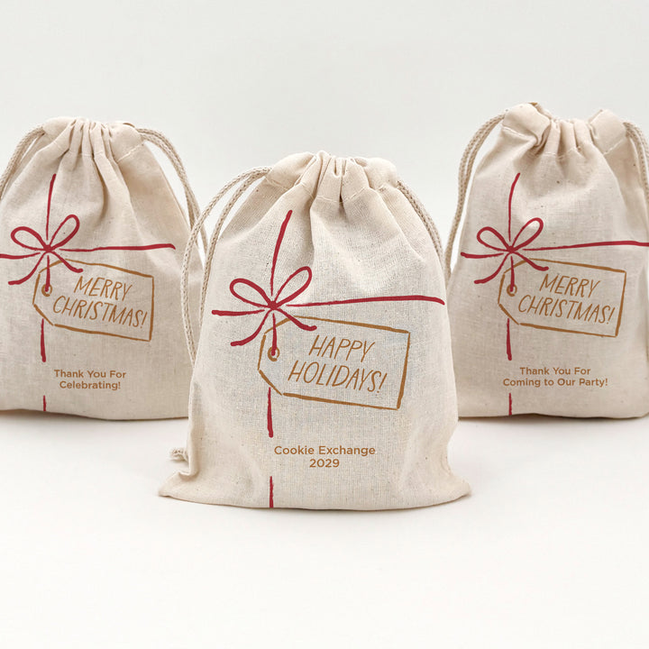 Custom Holiday Drawstring Bags, Christmas Party Favor Goodie Bags, Red Bow and Tag Christmas Bags