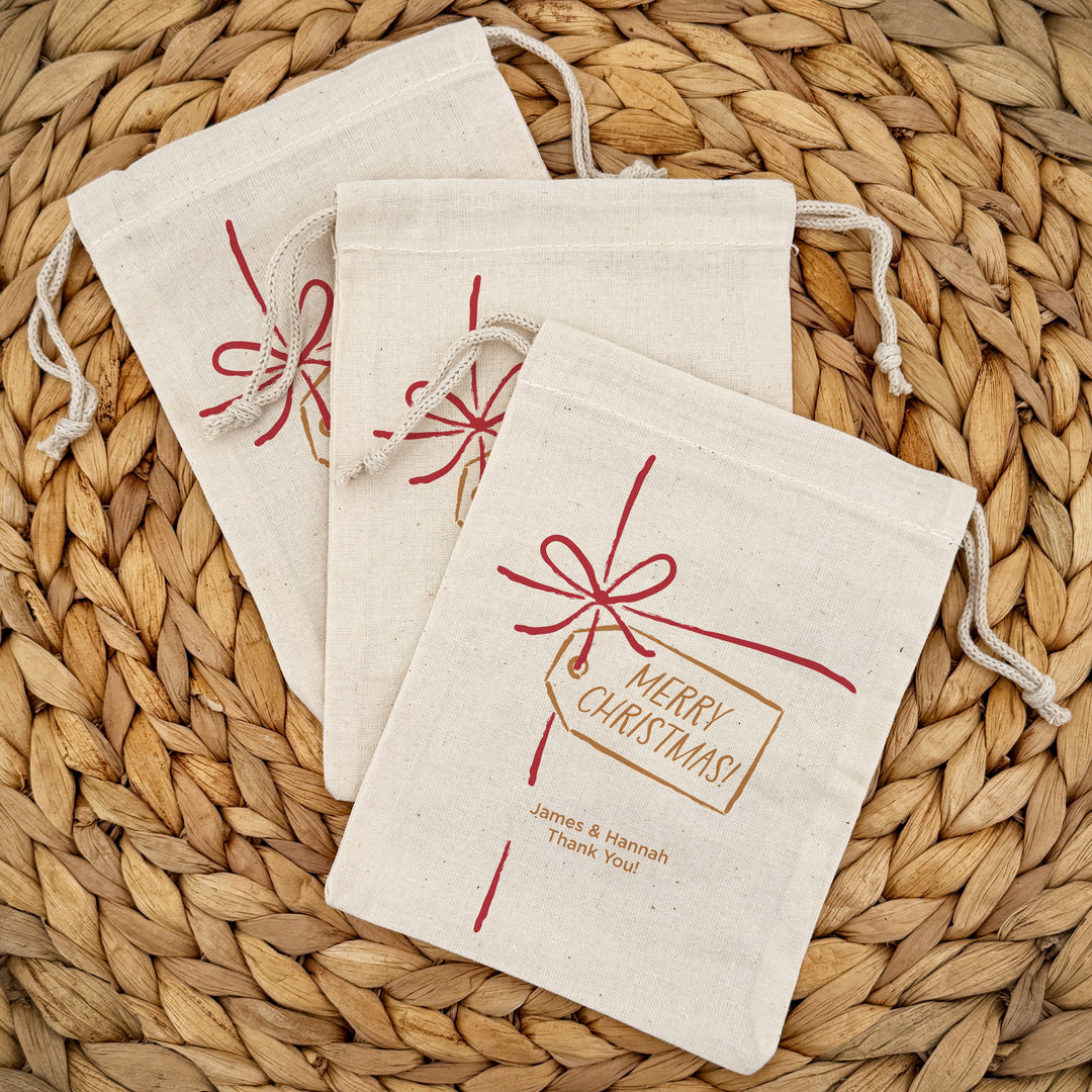 Custom Holiday Drawstring Bags, Christmas Party Favor Goodie Bags, Red Bow and Tag Christmas Bags