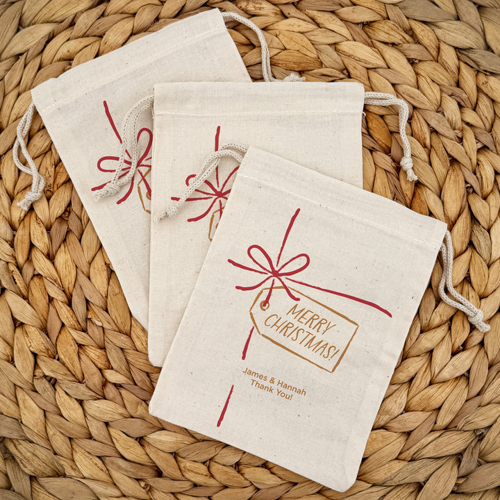 Custom Holiday Drawstring Bags, Christmas Party Favor Goodie Bags, Red Bow and Tag Christmas Bags