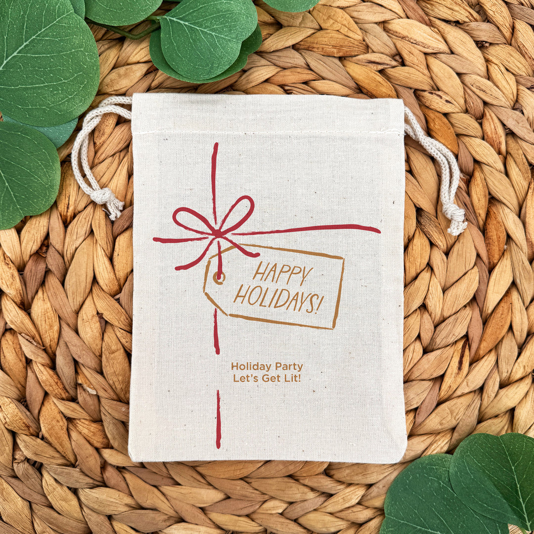 Custom Holiday Drawstring Bags, Christmas Party Favor Goodie Bags, Red Bow and Tag Christmas Bags