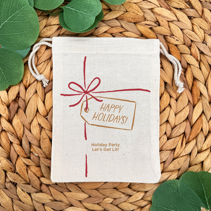 Custom Holiday Drawstring Bags, Christmas Party Favor Goodie Bags, Red Bow and Tag Christmas Bags