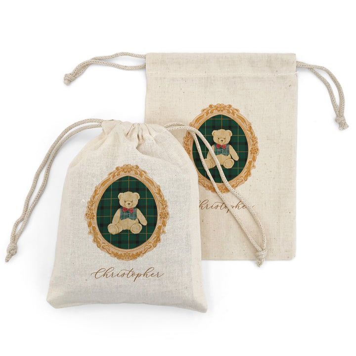 Holiday Drawstring Goodie Bags, Custom Mini Drawstring Bag, Christmas Party Favors, Gold Frame Christmas Bags