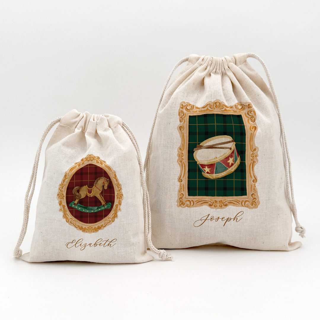 Holiday Drawstring Goodie Bags, Custom Mini Drawstring Bag, Christmas Party Favors, Gold Frame Christmas Bags