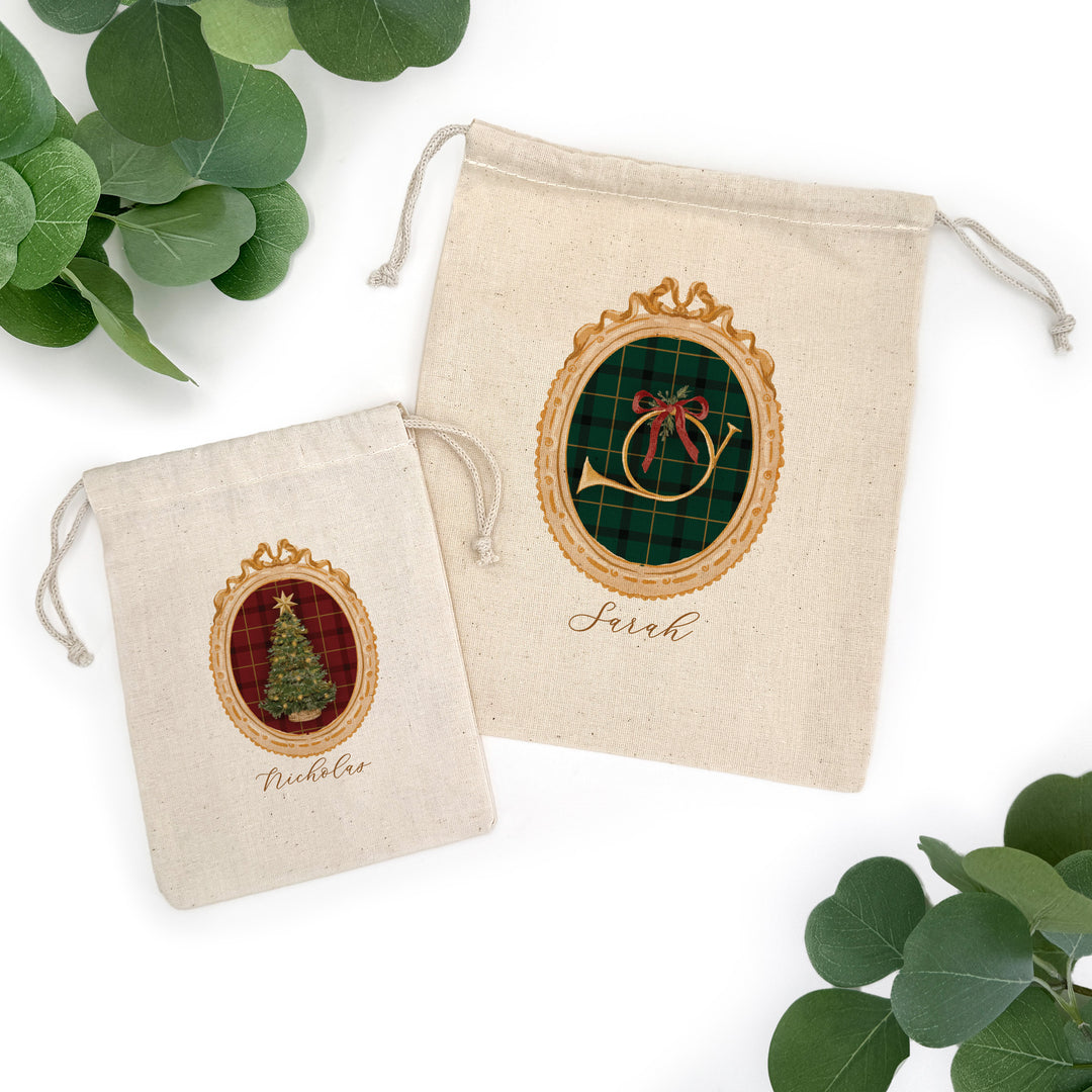 Holiday Drawstring Goodie Bags, Custom Mini Drawstring Bag, Christmas Party Favors, Gold Frame Christmas Bags