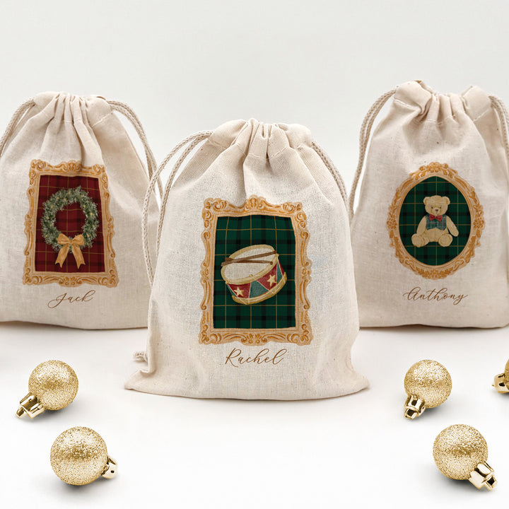 Holiday Drawstring Goodie Bags, Custom Mini Drawstring Bag, Christmas Party Favors, Gold Frame Christmas Bags