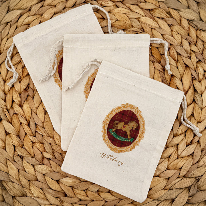 Holiday Drawstring Goodie Bags, Custom Mini Drawstring Bag, Christmas Party Favors, Gold Frame Christmas Bags
