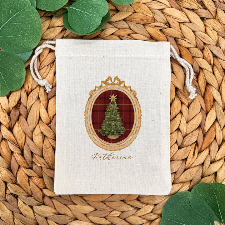 Holiday Drawstring Goodie Bags, Custom Mini Drawstring Bag, Christmas Party Favors, Gold Frame Christmas Bags