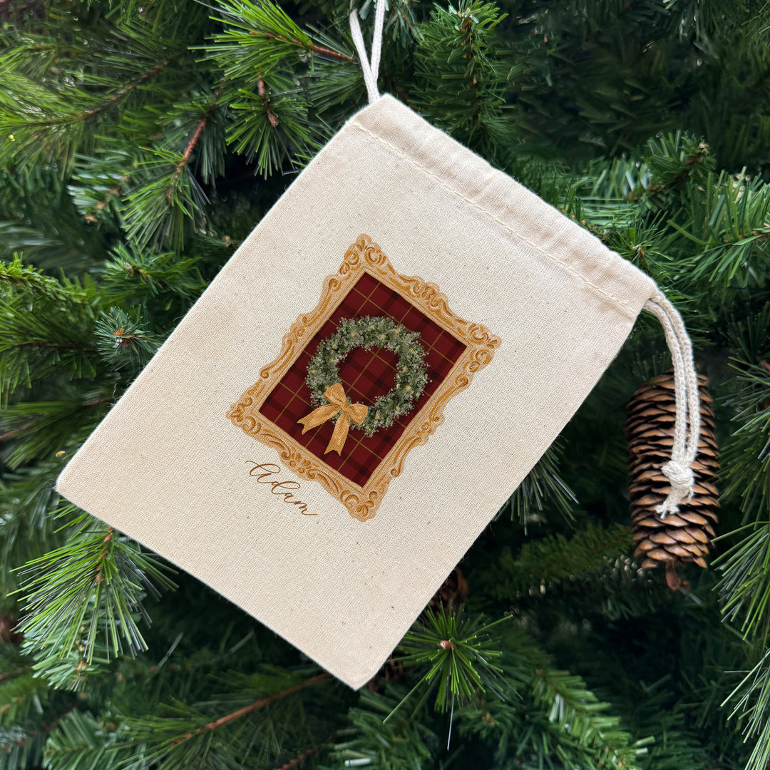 Holiday Drawstring Goodie Bags, Custom Mini Drawstring Bag, Christmas Party Favors, Gold Frame Christmas Bags