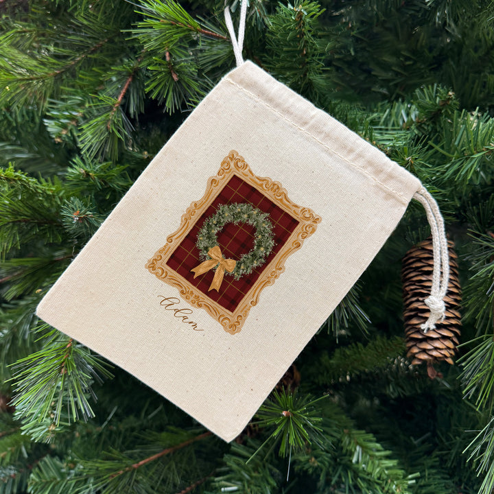 Holiday Drawstring Goodie Bags, Custom Mini Drawstring Bag, Christmas Party Favors, Gold Frame Christmas Bags