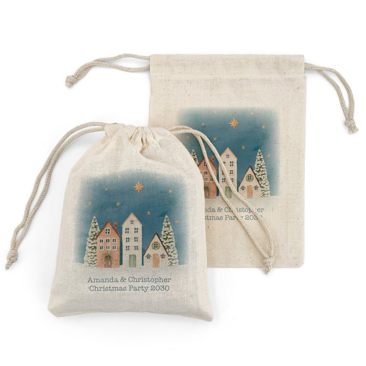 Holiday Drawstring Goodie Bags, Custom Mini Drawstring Bag, Christmas Party Favors, Watercolor Christmas Village Gift Bag