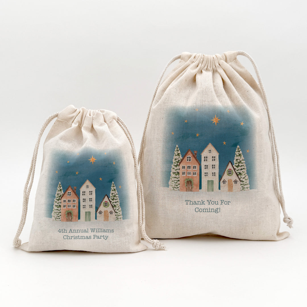 Holiday Drawstring Goodie Bags, Custom Mini Drawstring Bag, Christmas Party Favors, Watercolor Christmas Village Gift Bag