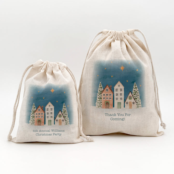 Holiday Drawstring Goodie Bags, Custom Mini Drawstring Bag, Christmas Party Favors, Watercolor Christmas Village Gift Bag