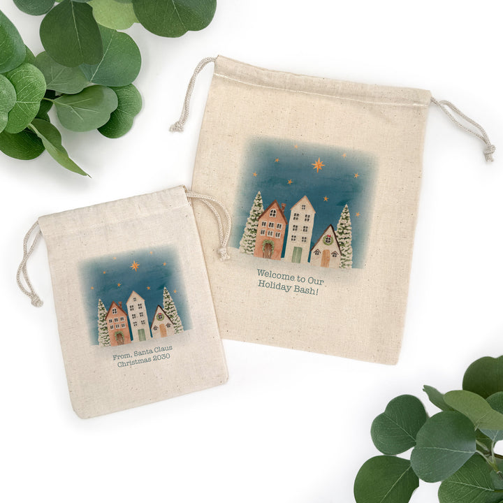 Holiday Drawstring Goodie Bags, Custom Mini Drawstring Bag, Christmas Party Favors, Watercolor Christmas Village Gift Bag