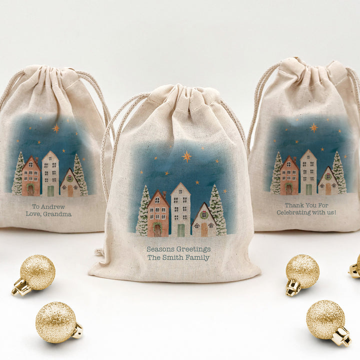Holiday Drawstring Goodie Bags, Custom Mini Drawstring Bag, Christmas Party Favors, Watercolor Christmas Village Gift Bag