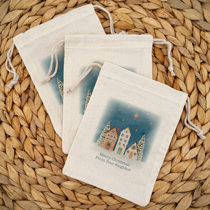 Holiday Drawstring Goodie Bags, Custom Mini Drawstring Bag, Christmas Party Favors, Watercolor Christmas Village Gift Bag