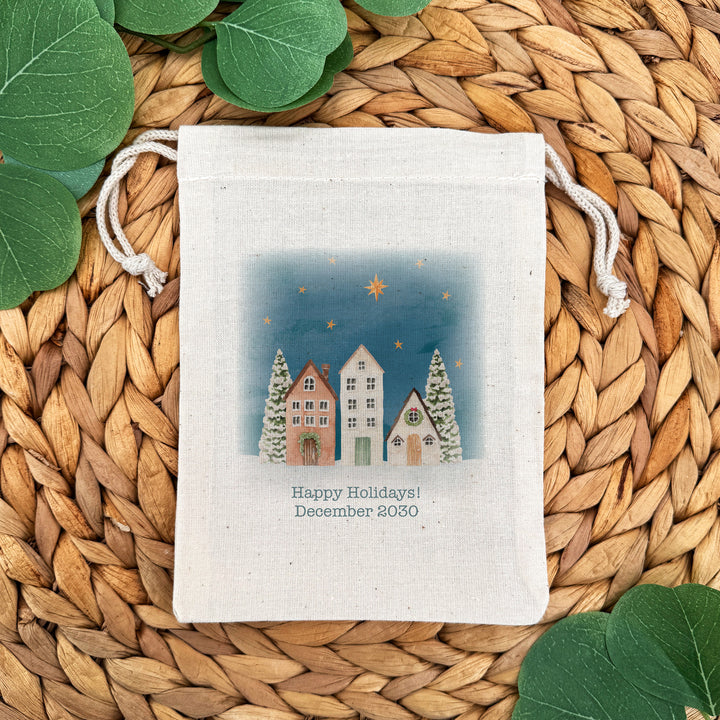 Holiday Drawstring Goodie Bags, Custom Mini Drawstring Bag, Christmas Party Favors, Watercolor Christmas Village Gift Bag