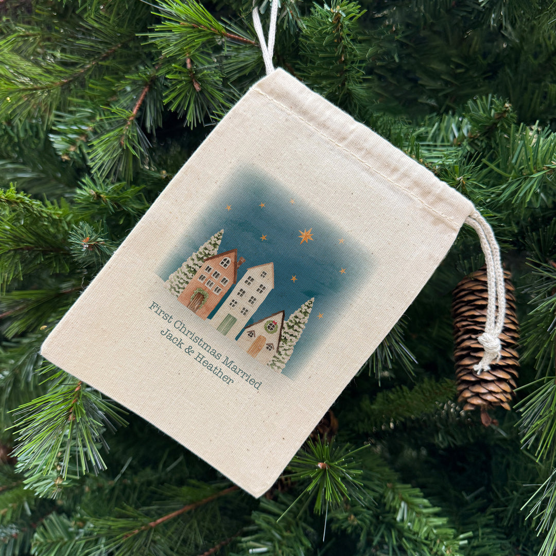 Holiday Drawstring Goodie Bags, Custom Mini Drawstring Bag, Christmas Party Favors, Watercolor Christmas Village Gift Bag