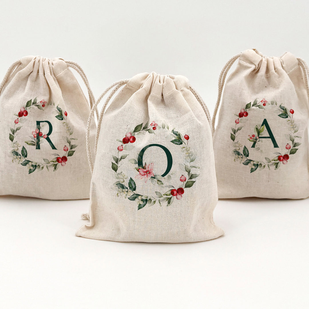 Holiday Berry Monogram Drawstring Bags