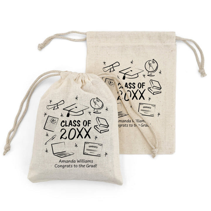 Doodle Graduation Icons, Graduation Party Favor Bags, Drawstring Bags