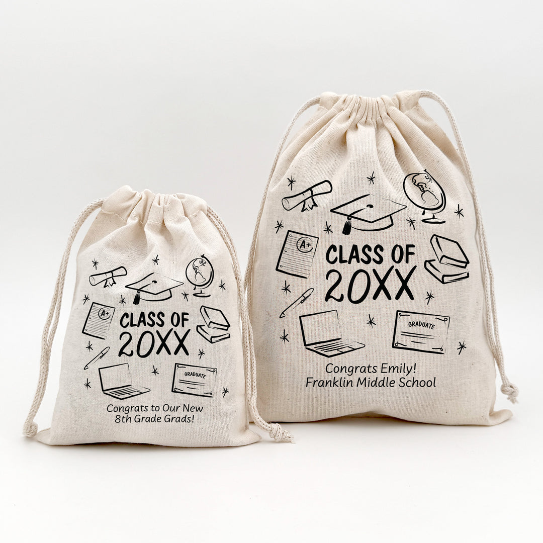 Doodle Graduation Icons, Graduation Party Favor Bags, Drawstring Bags
