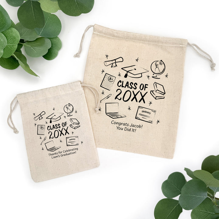 Doodle Graduation Icons, Graduation Party Favor Bags, Drawstring Bags
