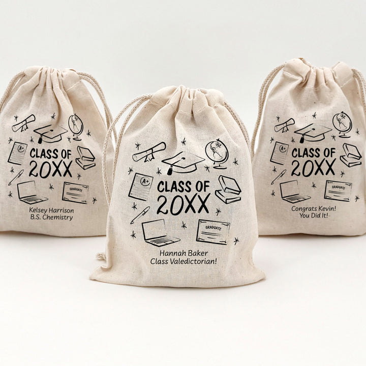 Doodle Graduation Icons, Graduation Party Favor Bags, Drawstring Bags