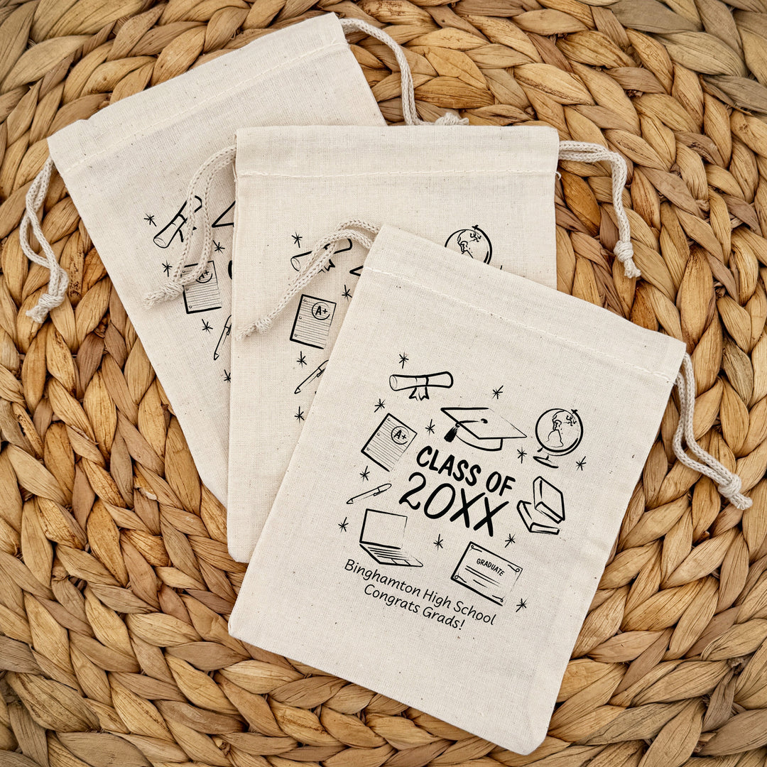 Doodle Graduation Icons, Graduation Party Favor Bags, Drawstring Bags