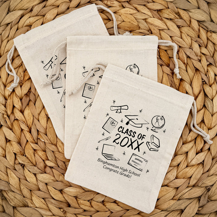 Doodle Graduation Icons, Graduation Party Favor Bags, Drawstring Bags