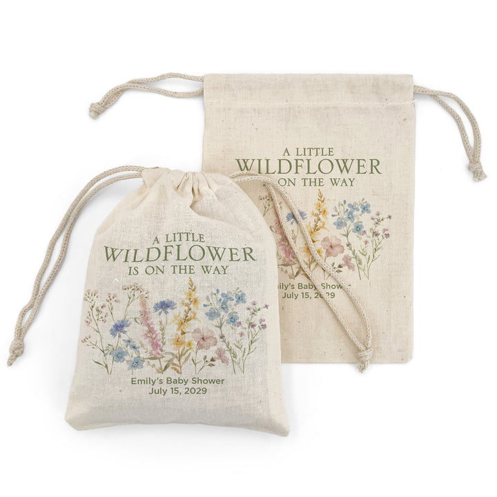 A Little Wildflower is on the Way, Baby Shower Drawstring Bags