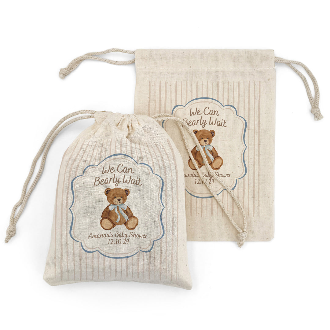 We Can Bearly Wait, Watercolor Bear, Baby Shower Drawstring Bags