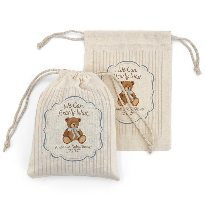 We Can Bearly Wait, Watercolor Bear, Baby Shower Drawstring Bags