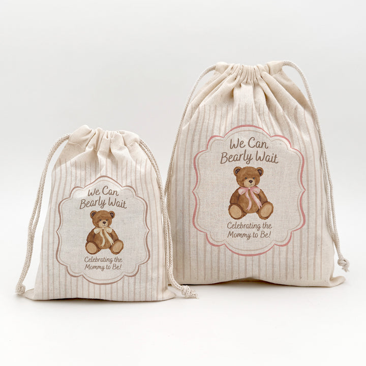 We Can Bearly Wait, Watercolor Bear, Baby Shower Drawstring Bags